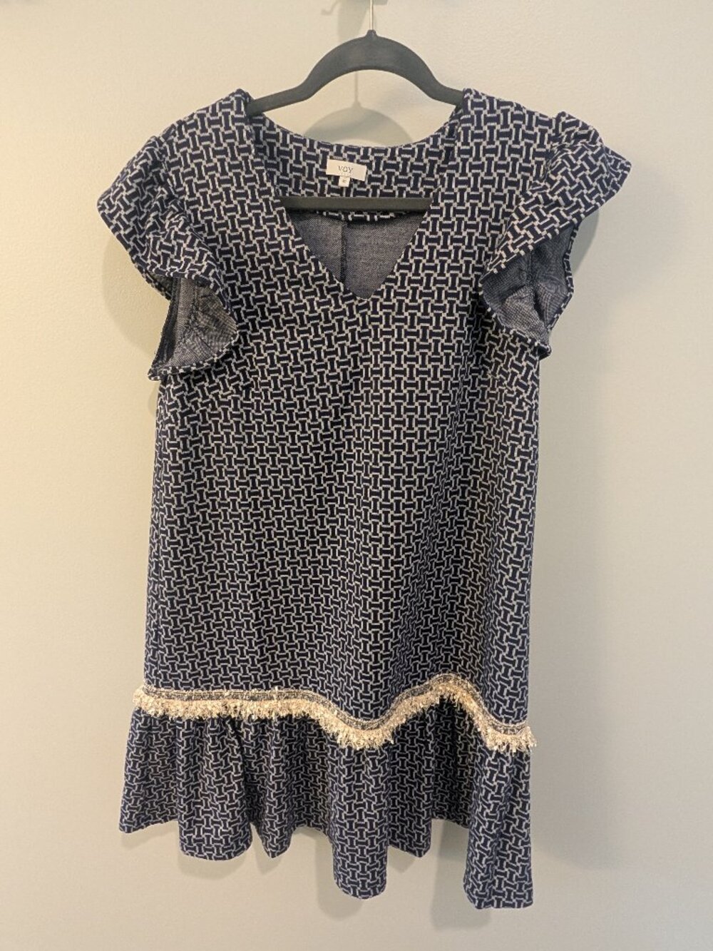 VOY Geometric print short navy shift dress w/ fringe hem - MEDIUM